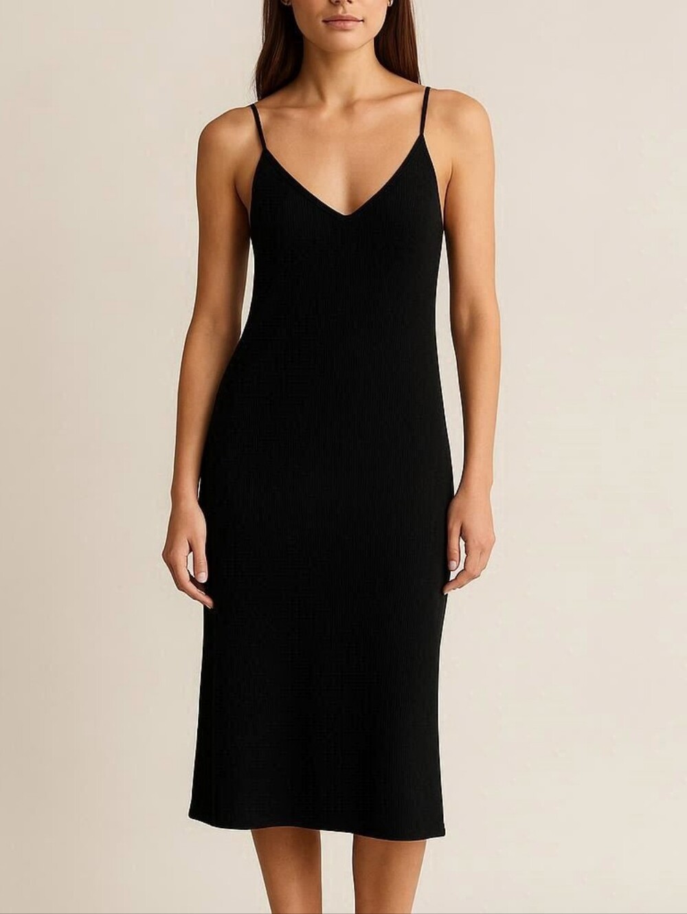 Guess RibbedSleek Black Slip Midi Dress-Lg